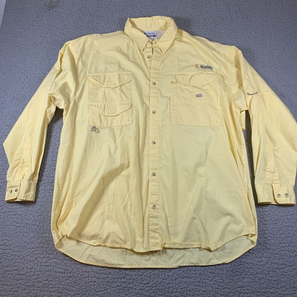 Columbia PFG Fishing Shirt Mens 2XL XXL Yellow Vented Logo Outdoor‎ Camping
